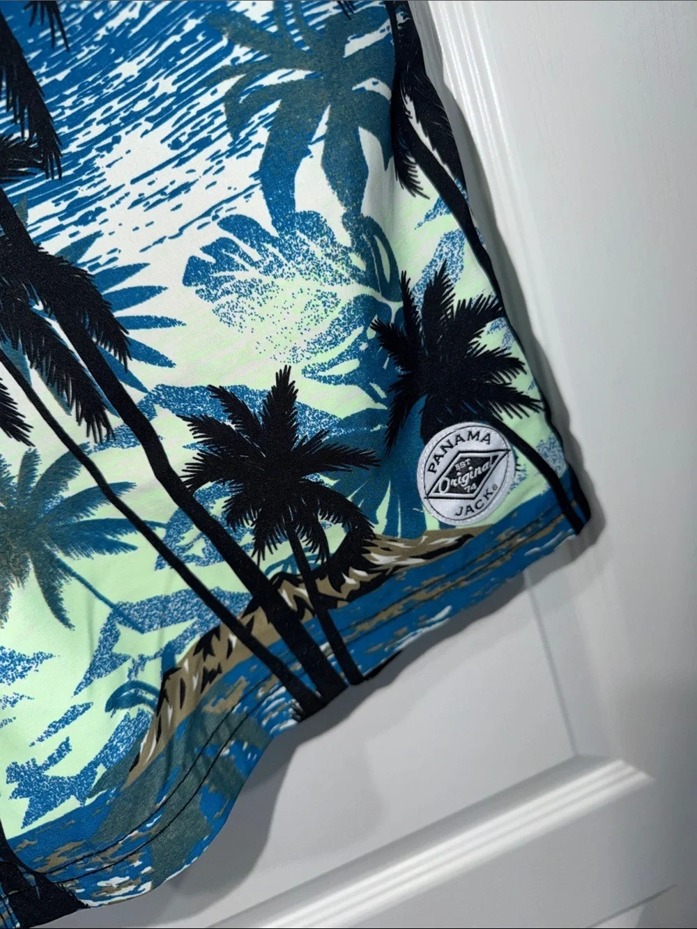 Panama Jack Men's Olive and Blue Palm-Print Swim Trunks size XLarge lined